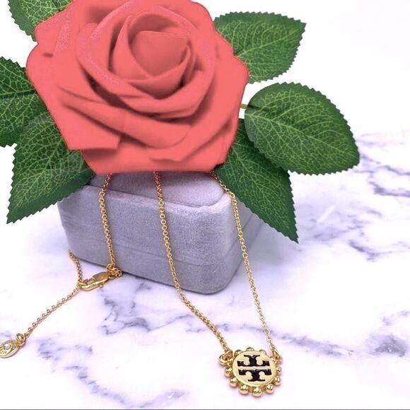 New Tory Burch Black Logo, Gold Adjustable Necklace - Picture 2 of 7